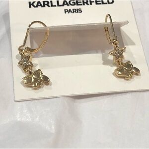 Karl Lagerfeld gold tone crystal star‎ studded baby Karl dangling earrings new